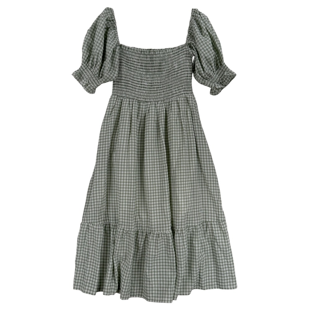 CAARA Dress Womens Small Green Plaid Smocked Puff Sleeve Gingham Midi Sundress